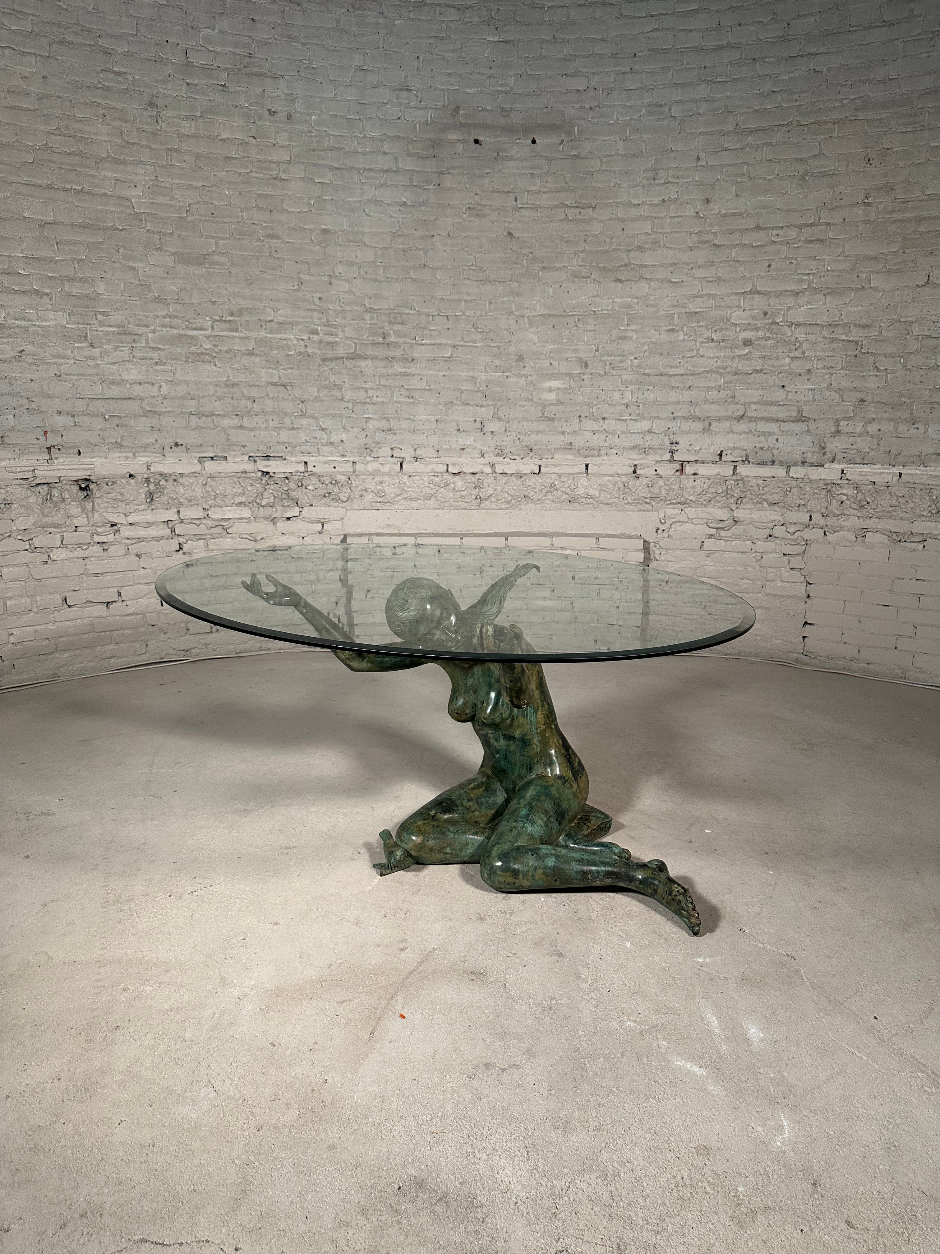 Bronze Woman Sculpture Glass Dining Table