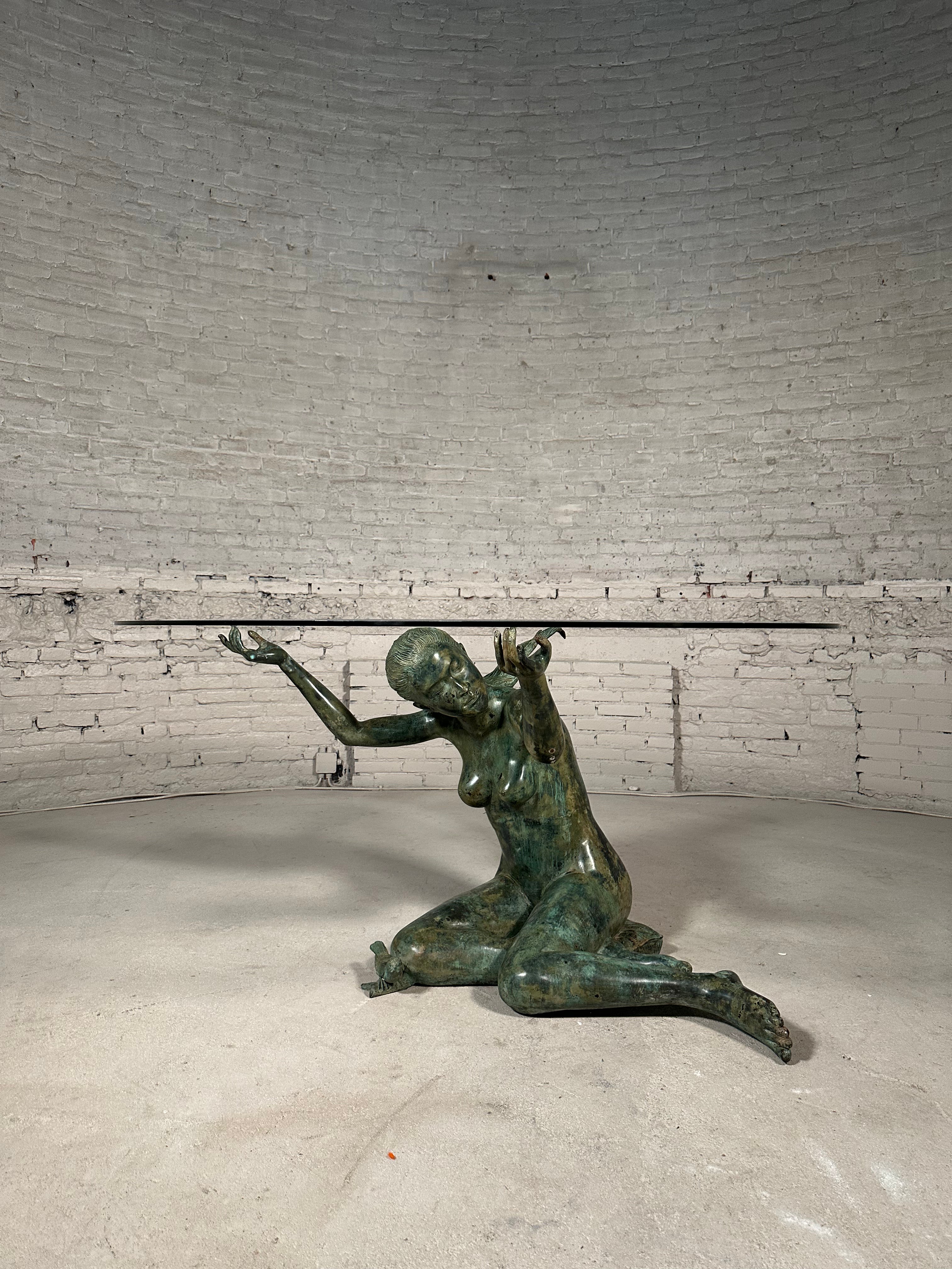 Bronze Woman Sculpture Glass Dining Table