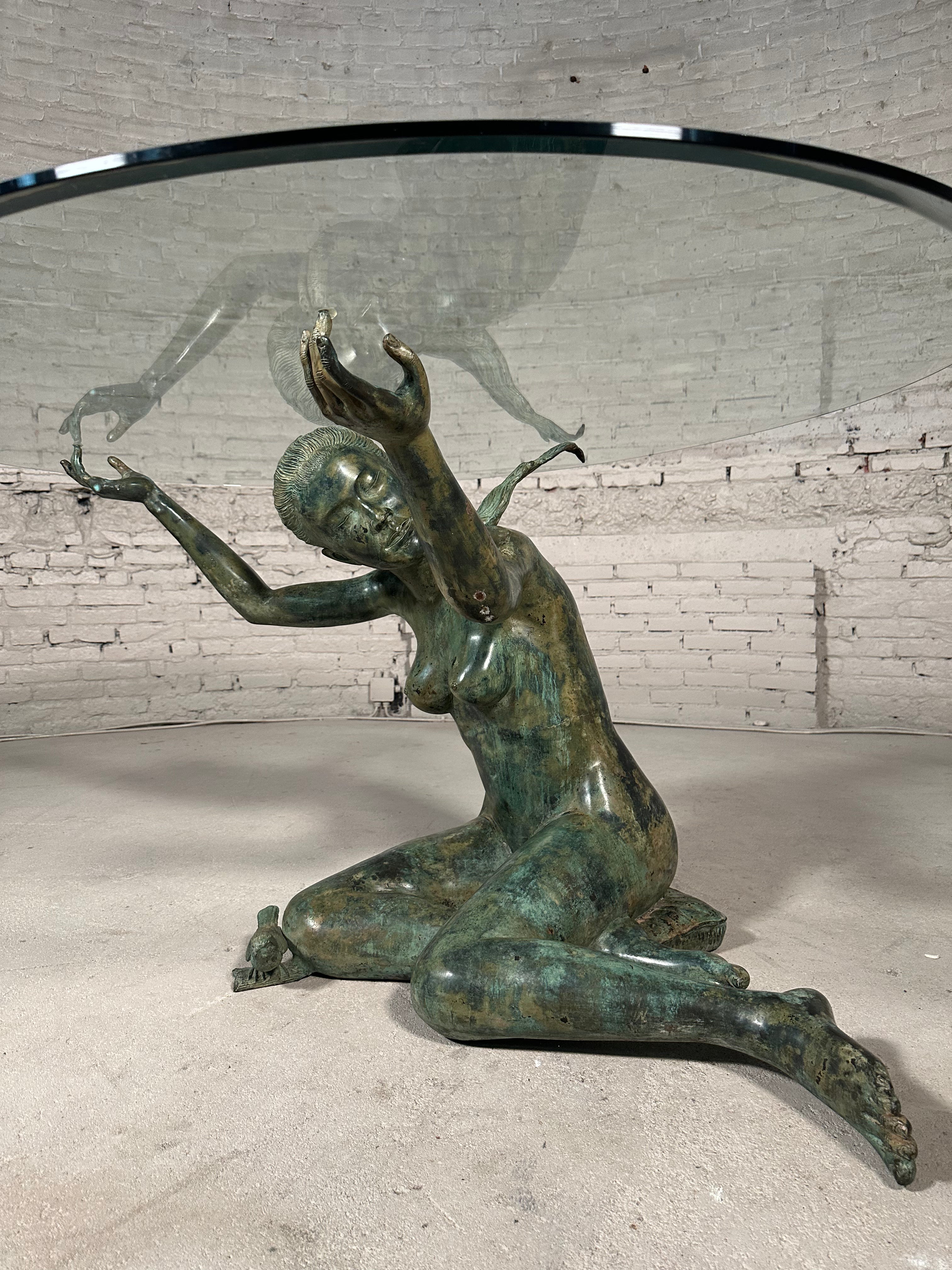 Bronze Woman Sculpture Glass Dining Table