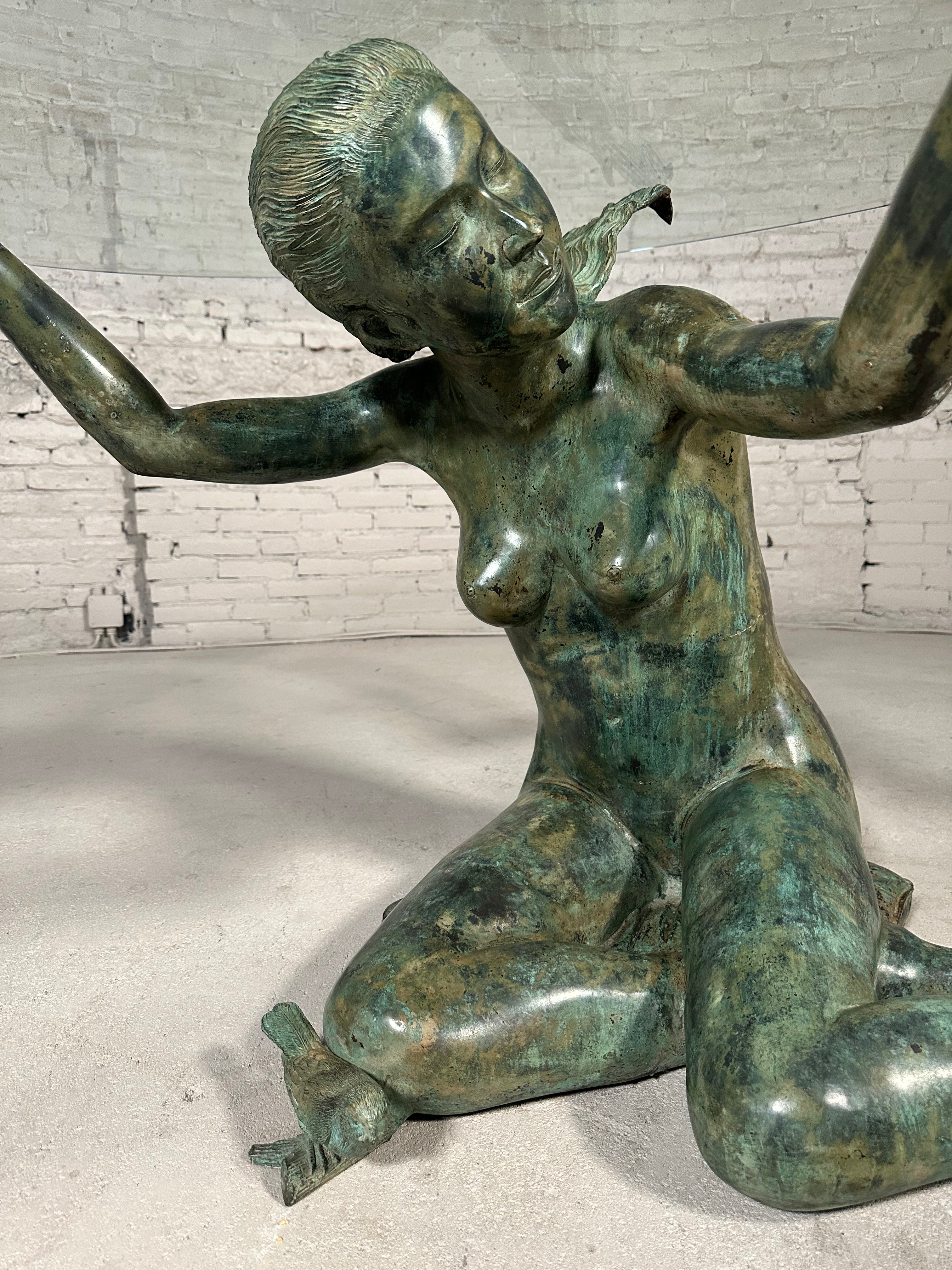 Bronze Woman Sculpture Glass Dining Table
