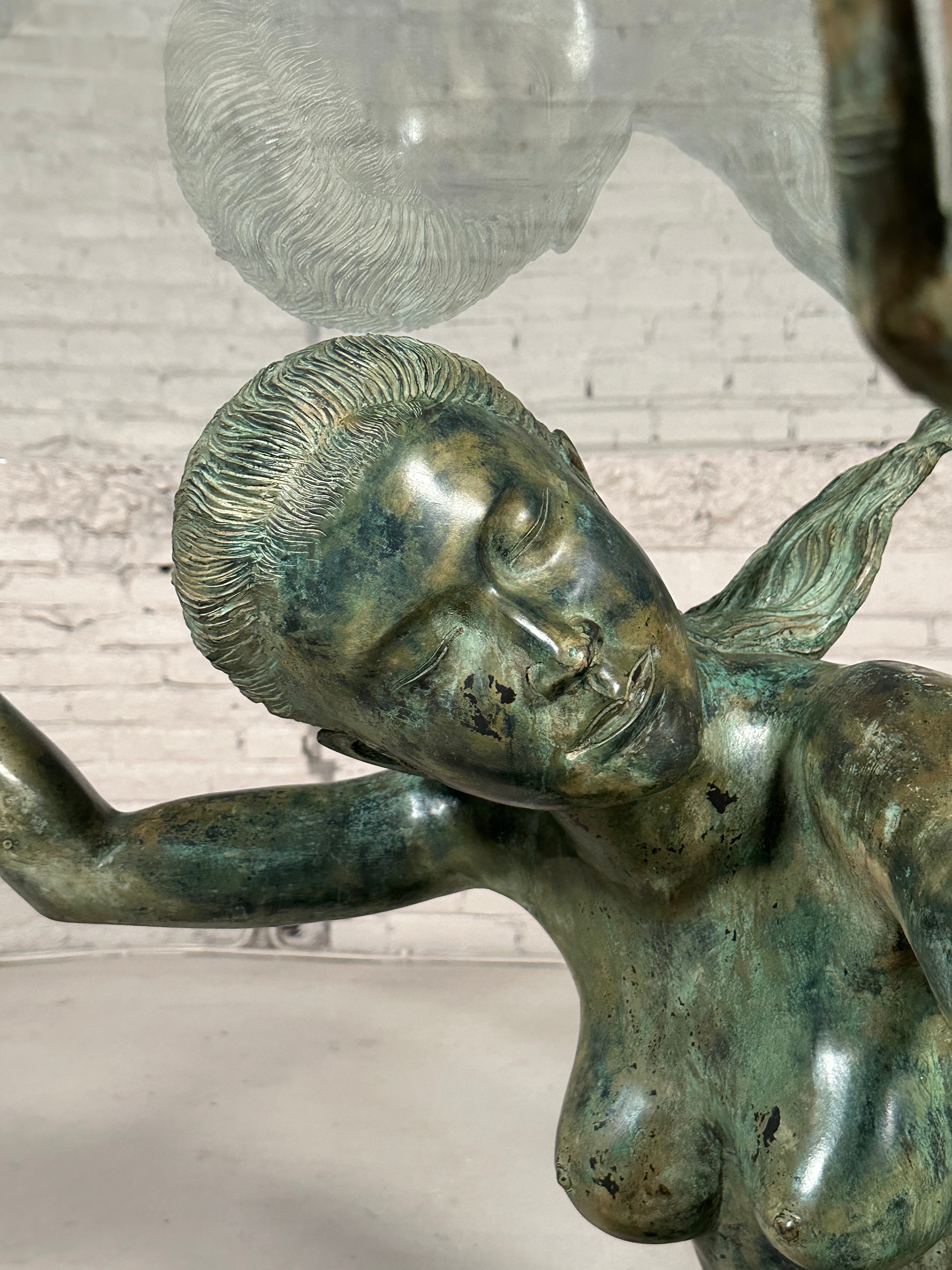 Bronze Woman Sculpture Glass Dining Table